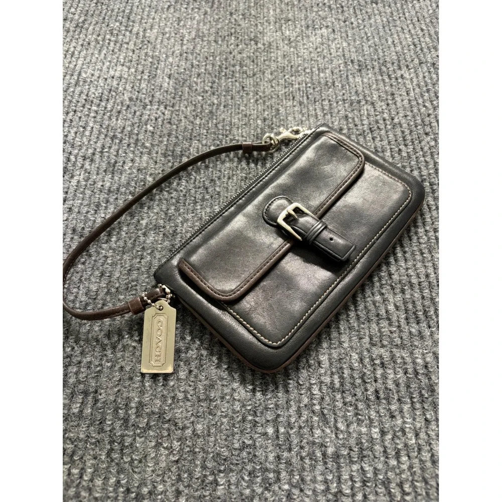 COACH Black Leather Buckle Front Wristlet Wallet with Brown Trim Silver Hardware